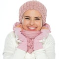 Happy woman wrap self up in knit scarf Royalty Free Stock Photo