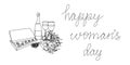 Happy womans day continuous line drawing. One line art of english hand written lettering with flowers, champagne and Royalty Free Stock Photo