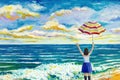 Happy women on the beach colorful oil color paintings Royalty Free Stock Photo