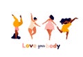 Happy women. Body positive vertical cards. Love yourself, your body lettering type. Royalty Free Stock Photo