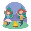 Happy women campfire trees night landscape
