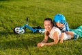 Happy woman and child having fun outdoor on meadow Royalty Free Stock Photo