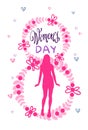 Happy Women Day Card 8 March Poster With Silhouette Pink Girl On Doodle Background Royalty Free Stock Photo