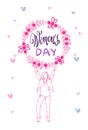 Happy Women Day Decoration Banner Card 8 March Holiday Background In Doodle Royalty Free Stock Photo