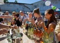 Happy women drinking wine in outdoor bar Royalty Free Stock Photo