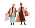 Happy women friends carrying shopping bags with Christmas purchases, gifts, decoration. Girls going with Xmas presents