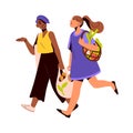 Happy women friends carrying tote and mesh bags from grocery store, food market. Modern girls going, walking, talking