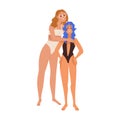 Happy women friends portrait. Girls of different height standing together, hugging. Modern females, tall and short small