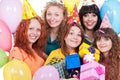 Happy women with gifts and balloons Royalty Free Stock Photo