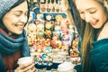 Happy women girlfriends best friends sharing time together at russian bazaar
