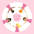 Happy women or girls as union of feminists, sisterhood as flat cartoon characters