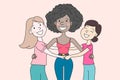 Happy Women or Girls - Caucasian, African, Asian - Standing Together and Holding Hands. Multi-Ethnic Female Friends