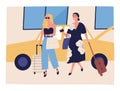 Happy women going on vacation with baggage near yellow taxi. Depart, arrival to airport. Girls in hurry for journey Royalty Free Stock Photo