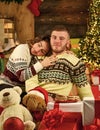Happy woman and man. Celebrate new year at home. Winter shopping sales. Holiday mood. Couple in love. Christmas time Royalty Free Stock Photo
