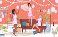 Happy women in night clothes having girls night at home vector flat illustration. Women celebrating.
