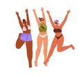 Happy women portrait, jumping up, rejoicing summer holiday. Positive girls friends in beach bikini, swimsuits. Excited Royalty Free Stock Photo