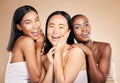 Happy women, portrait smile and diverse beauty for skincare, cosmetics or makeup against a studio background. Female Royalty Free Stock Photo