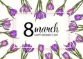 Happy Women`s Day. background to the 8th of March Women`s Day. Spring flowers hand drawn lilac and pink crocus. Vintage hand