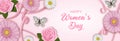 Happy women`s day banner with pink roses, gerberas, daisies, butterflies and pink ribbons