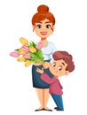 Happy Women`s day. Boy giving flowers to his mom Royalty Free Stock Photo