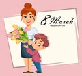 Happy Women`s day. Boy giving flowers to his mom Royalty Free Stock Photo