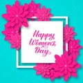 Happy Women s Day calligraphy lettering with origami flowers. Paper cut style vector illustration. Floral international womens day Royalty Free Stock Photo