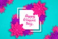 Happy Women s Day calligraphy lettering with origami flowers. Paper cut style vector illustration. Floral international womens day