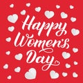 Happy Women s Day calligraphy lettering with origami white hearts. isolated on pink background. International womens day poster,