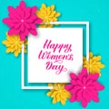 Happy Women s Day calligraphy lettering with paper cut flowers. Origami style vector illustration. Floral international womens day