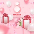 Happy Women`s Day card. Postcard on 8th of March with bunch of tulips, air balloons and gift boxes on rosy background Royalty Free Stock Photo