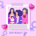 Happy Women\'s Day Celebration Concept with Four Generations of Women Characters and Glossy Hearts on Blurred Venus Symbol