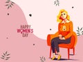 Happy Women\'s Day Concept With Cheerful Fashionable Young Girl Character Sitting At Armchair On Pink