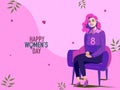 Happy women\'s Day Concept with Cheerful Fashionable Young Teenage Girl Character Sitting at Armchair on Pink