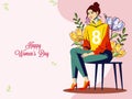 Happy Women\'s Day Concept With Cheerful Fashionable Young Woman Character Sitting At Stool On Floral