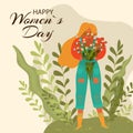 Happy Women s Day floral card lettering, beautiful holiday invitation, fun celebration, love mother, cartoon vector