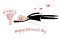 Happy Women`s day. Flying man with a bouquet of red flowers. Greeting card.