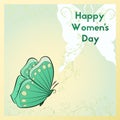 Happy Women`s Day. Greeting card with butterfly. Template postcards green colors. Royalty Free Stock Photo