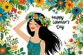 Happy women s day greeting card design with simple grating pattern on white background