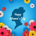 happy women's day greeting card with flower and silhouette on blue background vector Royalty Free Stock Photo