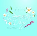 Happy women`s day greeting card with flowers, ribbons and cute background. International women`s day greeting card.Vector Royalty Free Stock Photo