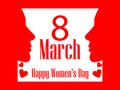 Happy Women`s Day greeting card. 8 March. Female face with the text of congratulations. Holiday card. Vector