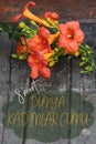 Happy Women`s Day Greeting Card with Orange Lillies in Turkish Royalty Free Stock Photo