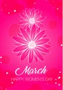 Happy women`s day greeting card on pink background. Postcard on March 8. Two flowers forming number 8