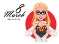 Happy Women`s Day greeting card. Woman superhero