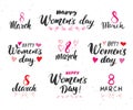 Happy Women`s Day Hand letterings set. Holiday grunge textured retro design greeting cards vector illustration Royalty Free Stock Photo