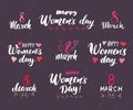 Happy Women`s Day Hand letterings set. Holiday grunge textured retro design greeting cards vector illustration Royalty Free Stock Photo