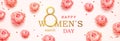 Happy Women's Day horizontal banner with calligraphy text and with pink peonies flowers background