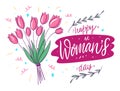 Happy Women`s Day lettering. Bouquet of tulips . Vector illustration in cartoon style. Isolated on white background Royalty Free Stock Photo