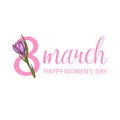 Happy Women`s Day. lettering to the 8th of March. Spring flower-hand drawn lilac crocus. Vintage hand drawn set of crocus