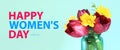 Happy women\'s day. March 8. Flowers and congratulatory text